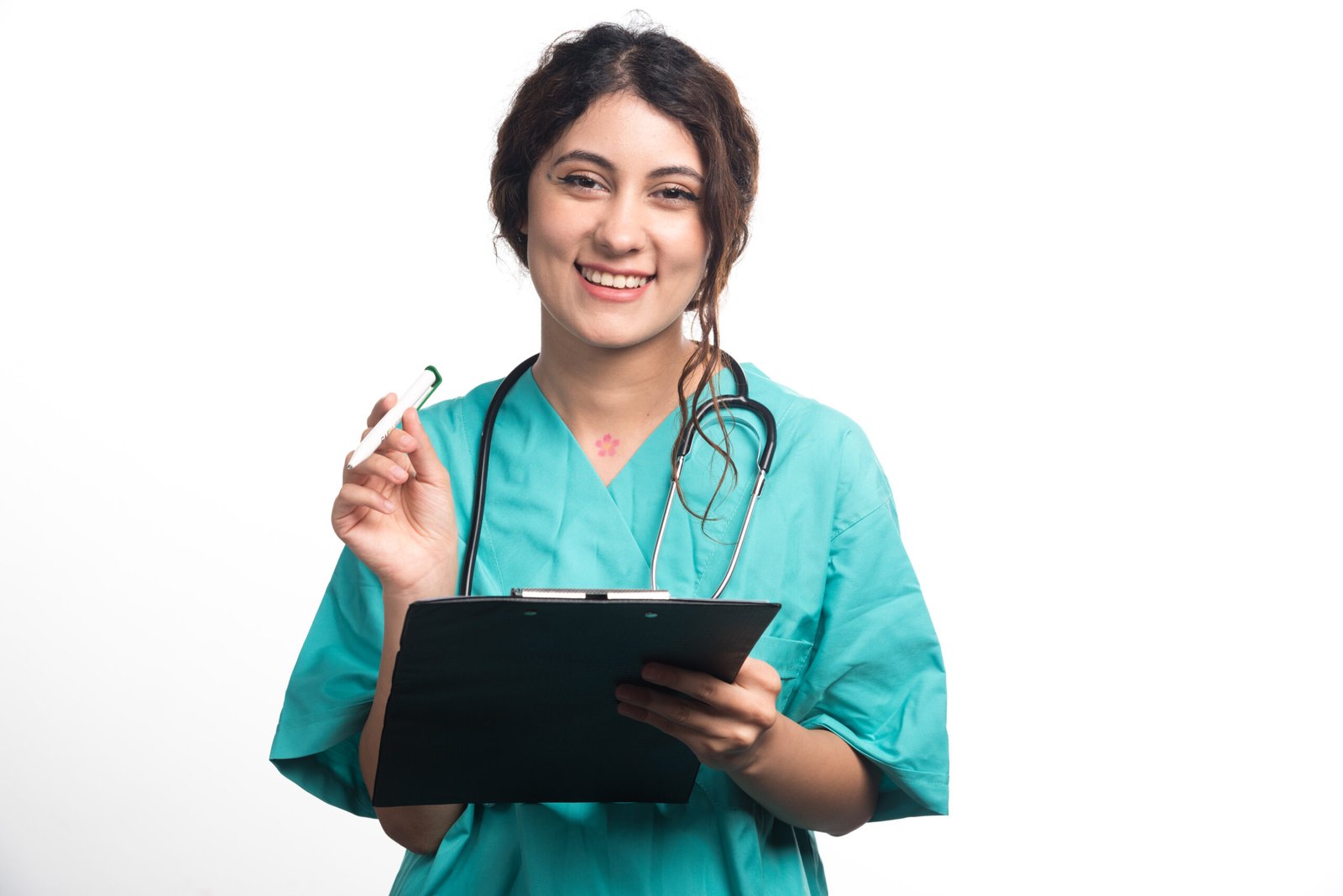 Female doctor holding black clipboard in hands on white background. High quality photo